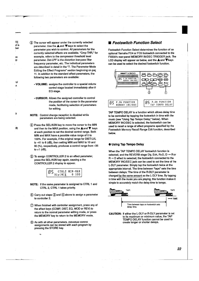 Footswitch function select, Using tap tempo delay, Time | Yamaha FX500 User Manual | Page 23 / 97