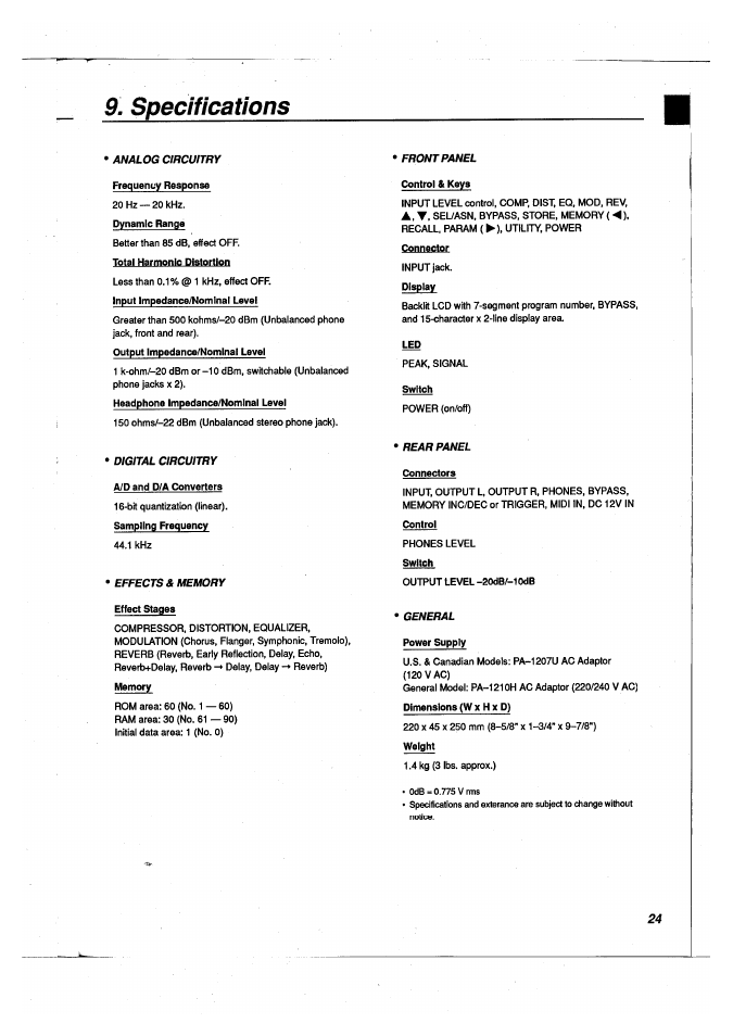 Specifications | Yamaha FX500 User Manual | Page 25 / 97