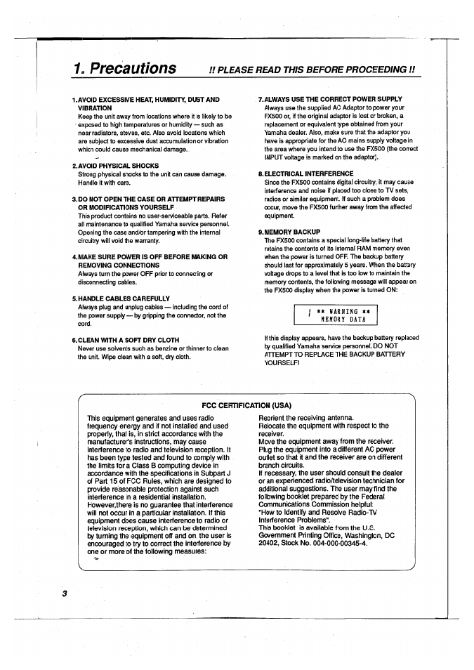 Precautions, A please read this before proceeding ii | Yamaha FX500 User Manual | Page 4 / 97