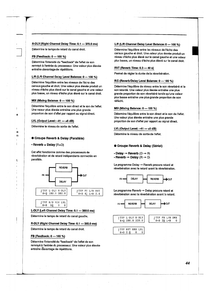 Groupe reverb & delay (parallèle), Reverb + delay (r+d), Delay reverb (d -> r) | Reverb -► delay (r d), Reverb -* delay, Reverb + delay | Yamaha FX500 User Manual | Page 44 / 97