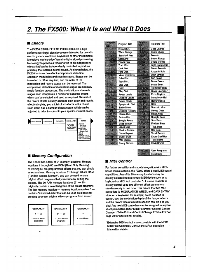 The fx500: what it is and what it does, Effects, Memory configuration | Midi controi, Midi-control | Yamaha FX500 User Manual | Page 5 / 97