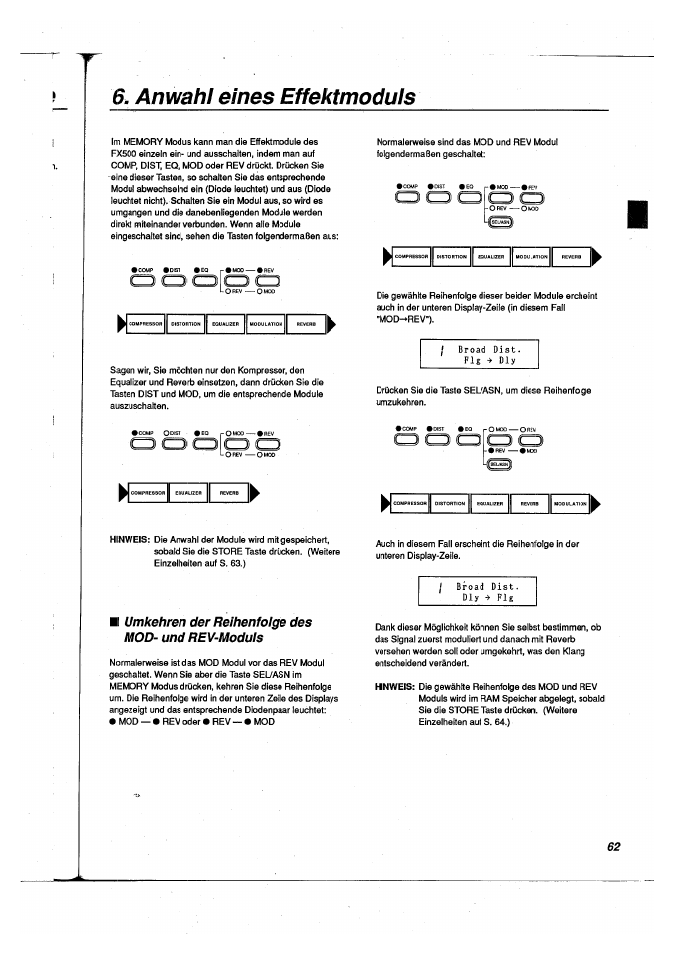 Anwahl eines effektmoduls, Umkehren der reihenfolge des mod- und rev-moduls, Anwahi eines effektmoduis | Yamaha FX500 User Manual | Page 62 / 97
