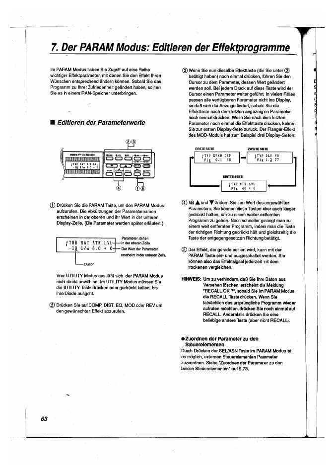 Der par am modus: editieren der effektprogramme, Editieren der parameterwerte, Zuordnen der parameter zu den steuerelementen | Yamaha FX500 User Manual | Page 63 / 97