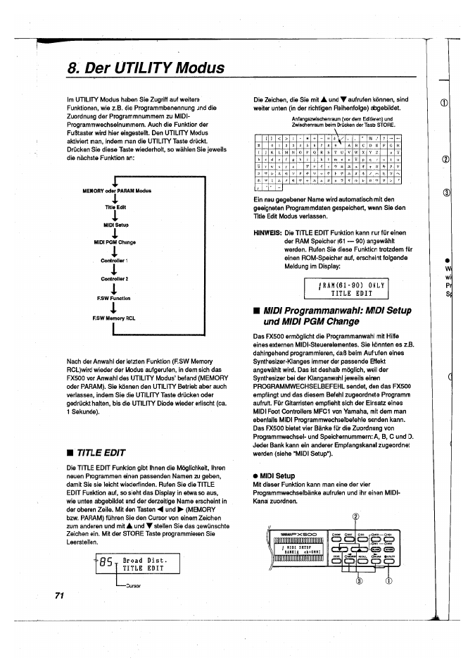 Der utility modus, Midi setup, Title edit | Yamaha FX500 User Manual | Page 71 / 97
