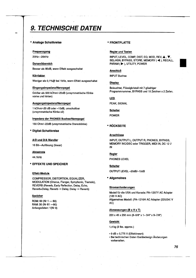 Technische daten | Yamaha FX500 User Manual | Page 76 / 97