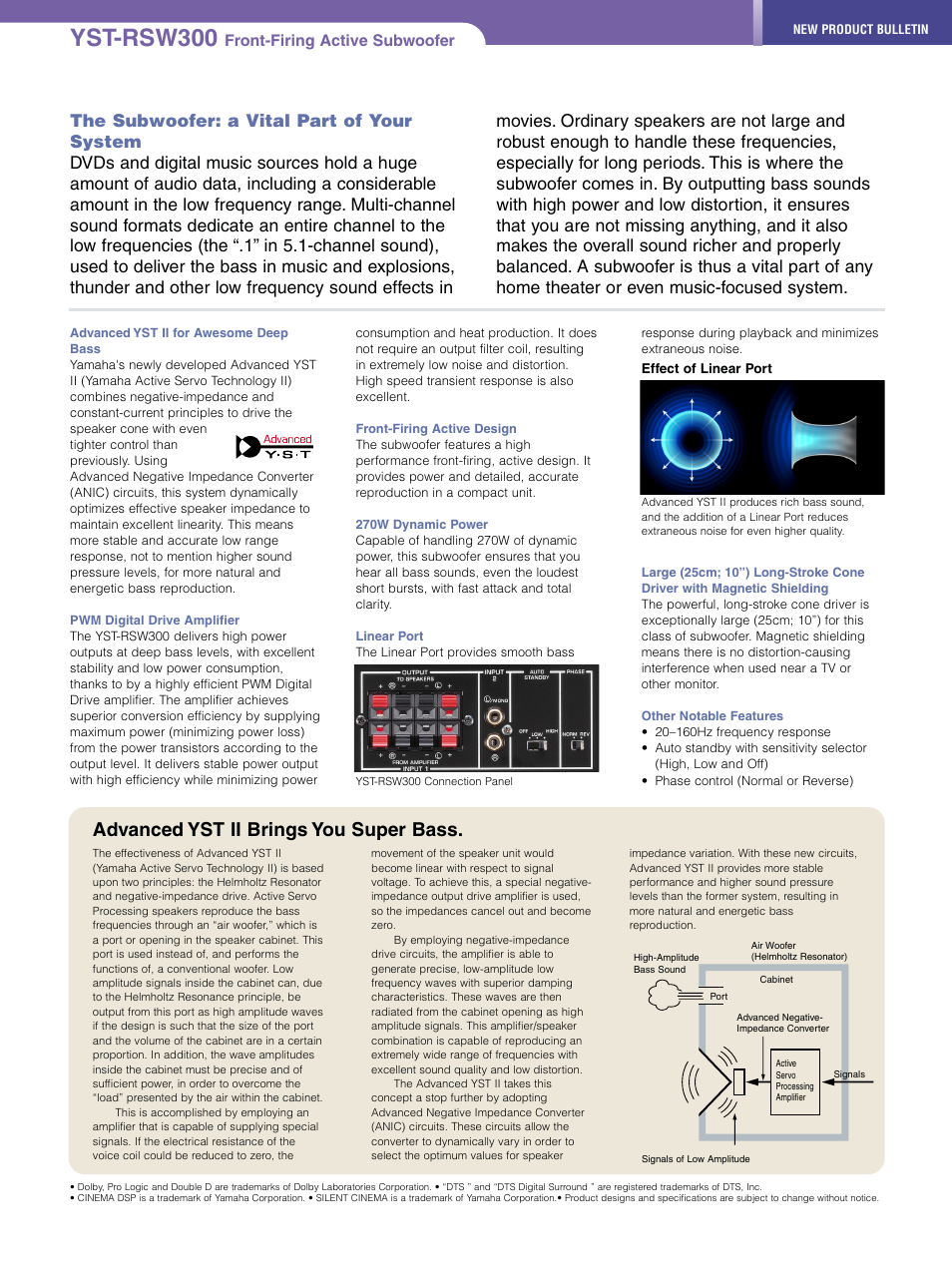 Yst-rsw300, Advanced yst ii brings you super bass, Front-firing active subwoofer | Yamaha YST-RSW300 User Manual | Page 2 / 2