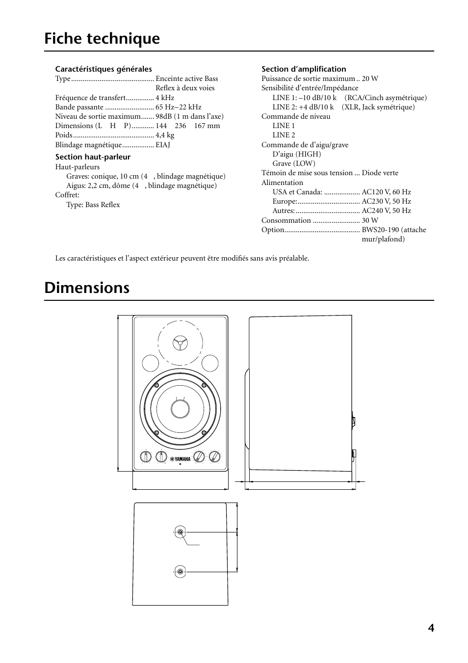 Fiche technique, Dimensions | Yamaha MSP3 User Manual | Page 11 / 23