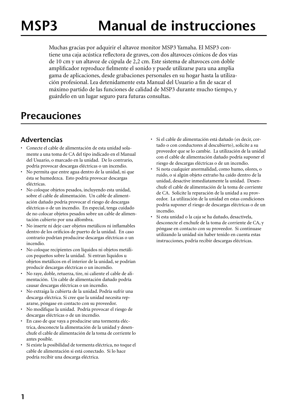 Español, Precauciones, Msp3 manual de instrucciones | Yamaha MSP3 User Manual | Page 18 / 23