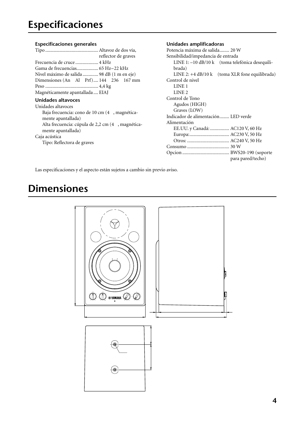 Especificaciones, Dimensiones | Yamaha MSP3 User Manual | Page 21 / 23