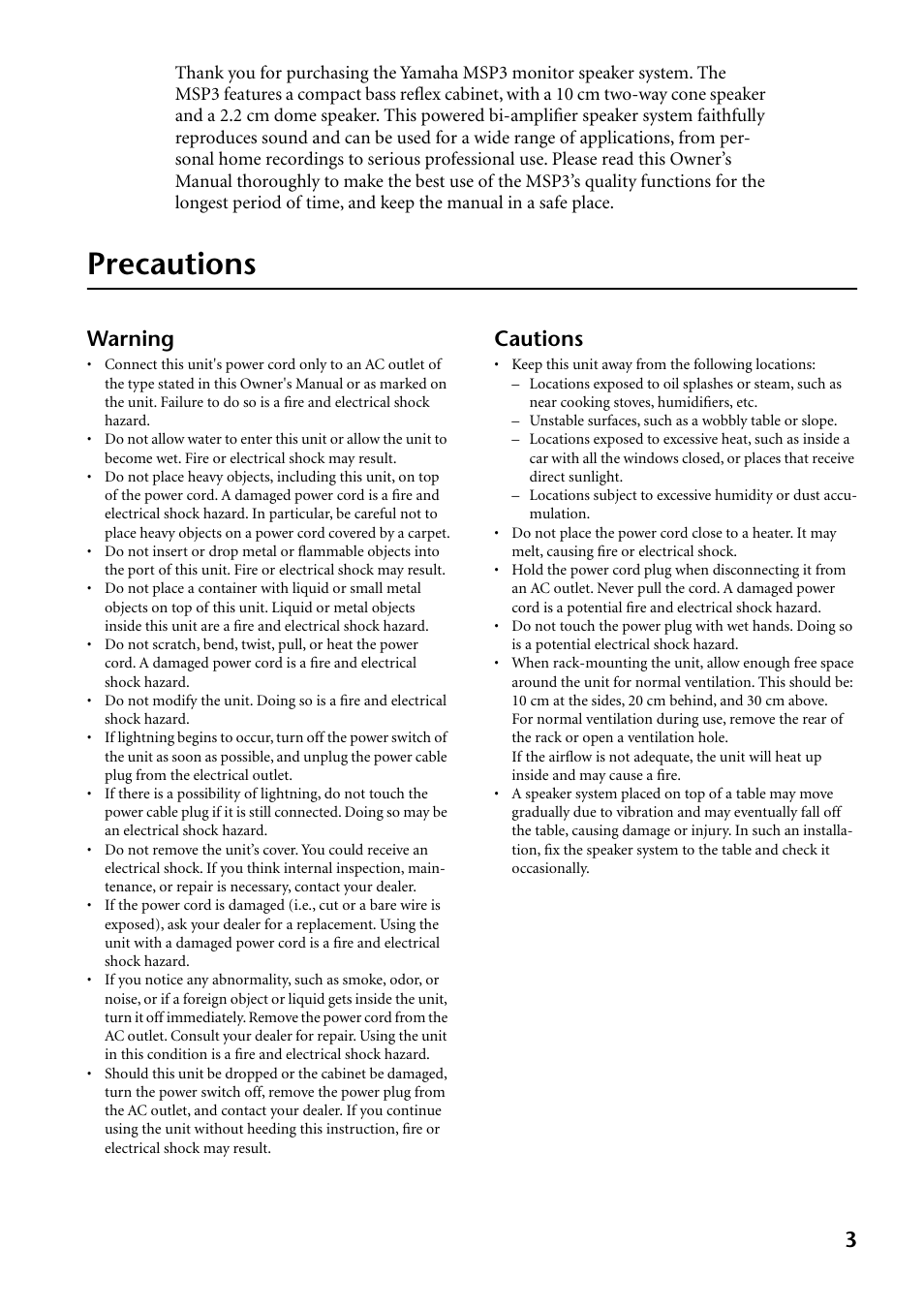 English, Precautions, Warning | Cautions | Yamaha MSP3 User Manual | Page 3 / 23