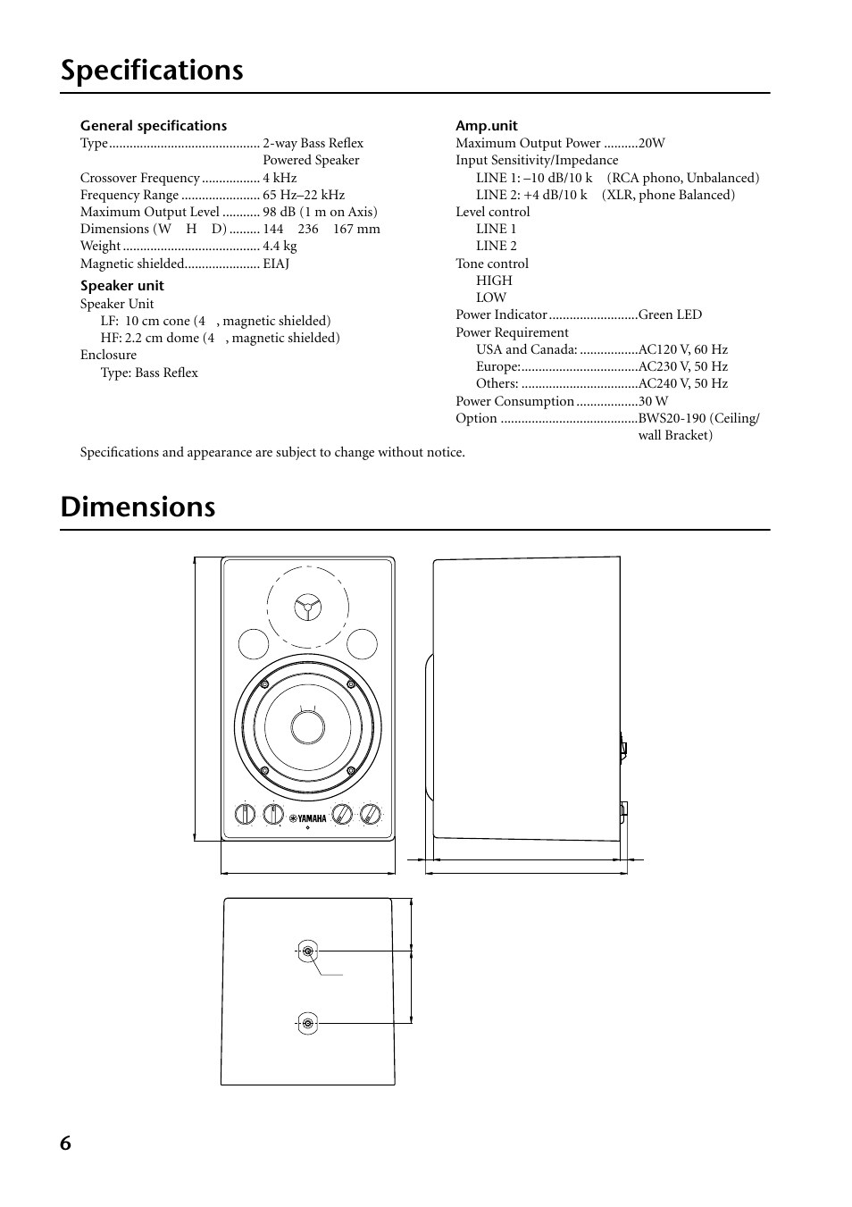 Specifications, Dimensions | Yamaha MSP3 User Manual | Page 6 / 23