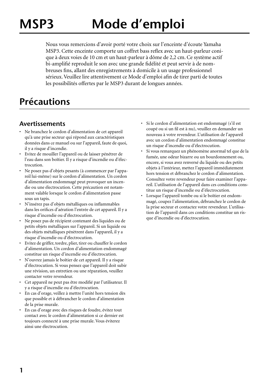 Français, Précautions, Msp3 mode d’emploi | Yamaha MSP3 User Manual | Page 8 / 23