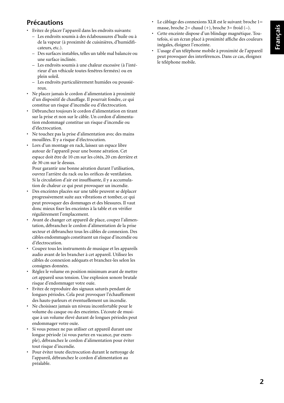 2 précautions, Fran çais deutsch espa ñ ol | Yamaha MSP3 User Manual | Page 9 / 23