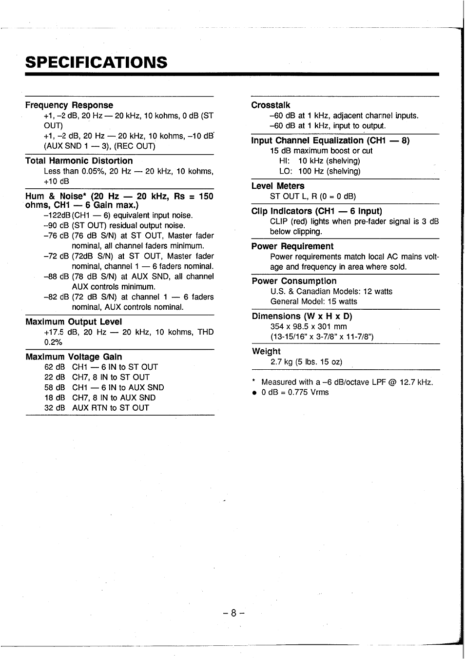 Specifications, Frequency response, Crosstalk | Total harmonic distortion, Input channel equalization (chi, Level meters, Clip indicators (ch1 — 6 input), Power requirement, Power consumption, Maximum output level | Yamaha AM802 User Manual | Page 10 / 38