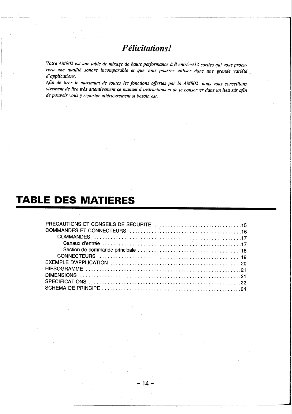 Table des matieres, Félicitations | Yamaha AM802 User Manual | Page 15 / 38