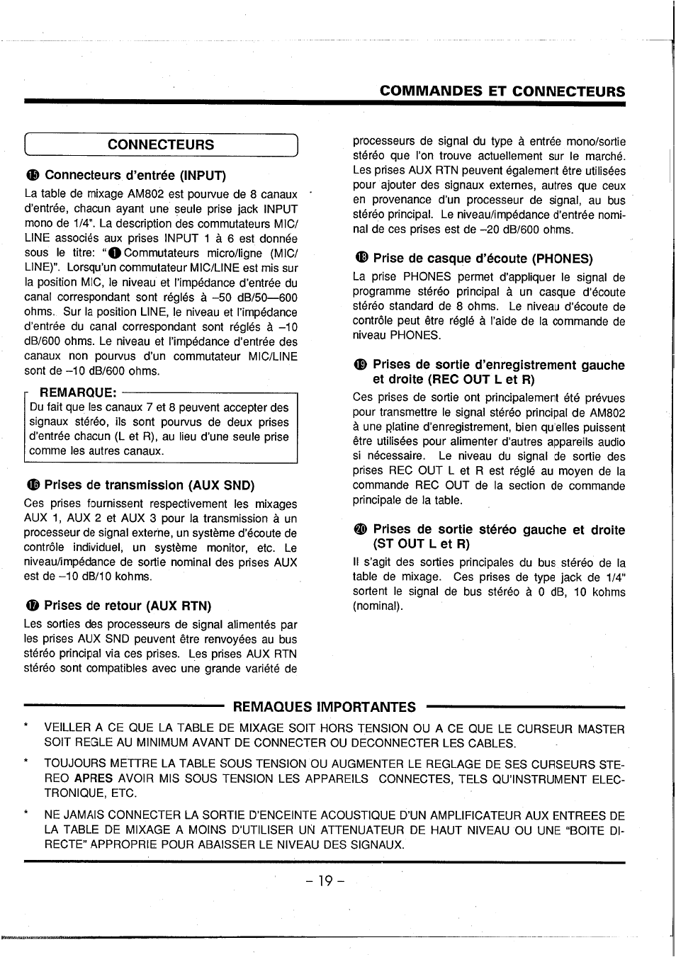 D connecteurs d’entrée (input), Remarque, Prises de transmission (aux snd) | Prises de retour (aux rtn), Ф prise de casque d’écoute (phones), Remaques importantes, Commandes et connecteurs | Yamaha AM802 User Manual | Page 20 / 38