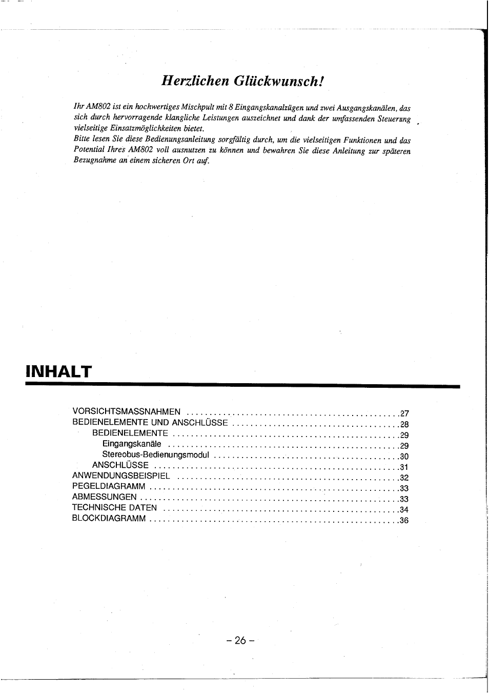 Inhalt, Herzlichen glückwunsch | Yamaha AM802 User Manual | Page 27 / 38