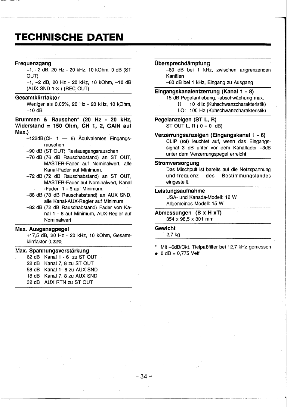 Technische daten, Frequenzgang, Gesamtklirrfaktor | Brummen & rauschen* (20 hz - 20 khz, Widerstand = 150 ohm, ch 1, 2, gain auf, Max.), Max. ausgansgpegel, Max. spannungsverstärkung, Übersprechdämpfung, Eingangskanalentzerrung (kanal 1-8) | Yamaha AM802 User Manual | Page 35 / 38