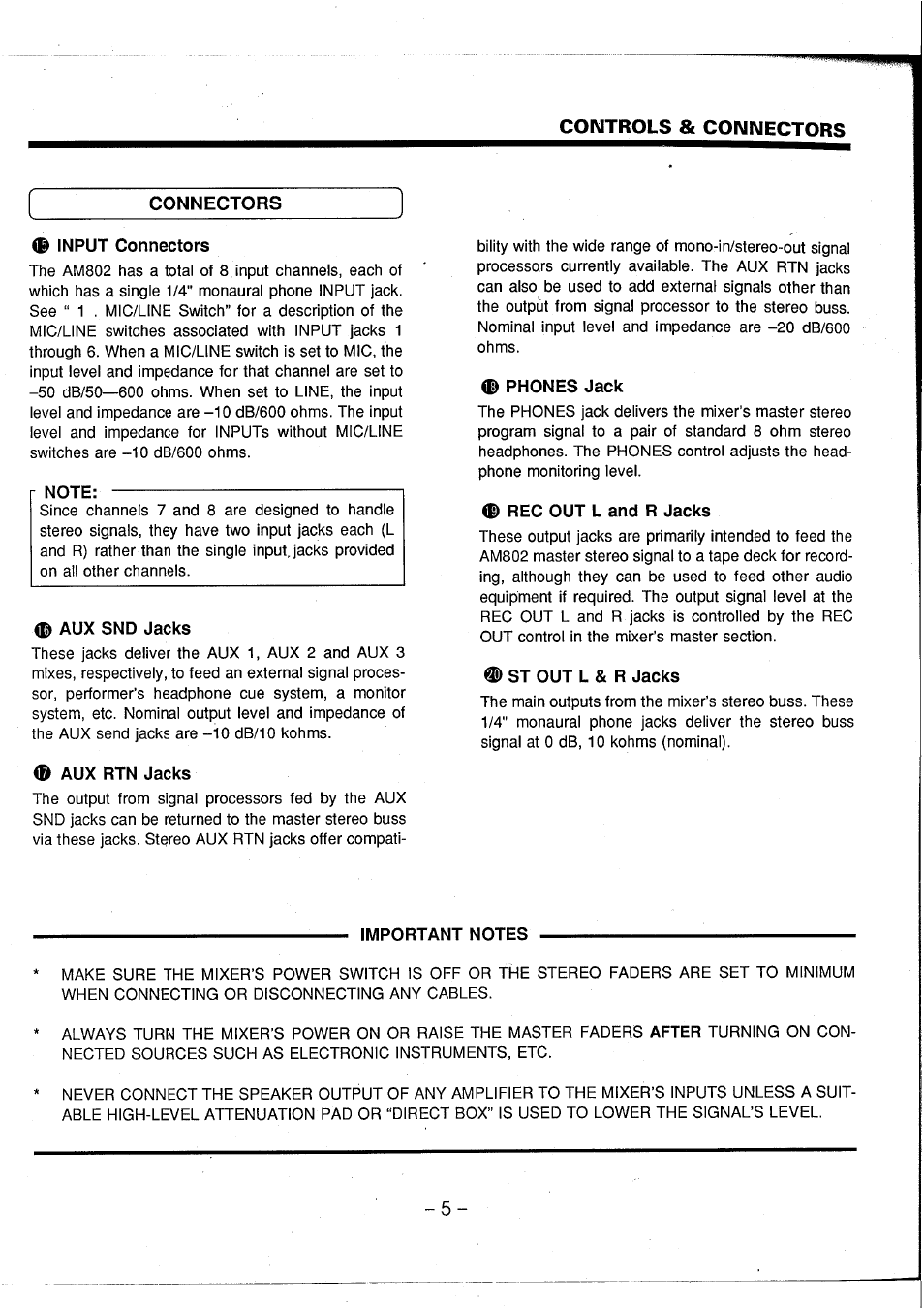 Connectors, Input connectors, Note | Aux snd jacks, D aux rtn jacks, Phones jack, Rec out l and r jacks, St out l & r jacks, Important notes, Controls & connectors | Yamaha AM802 User Manual | Page 7 / 38