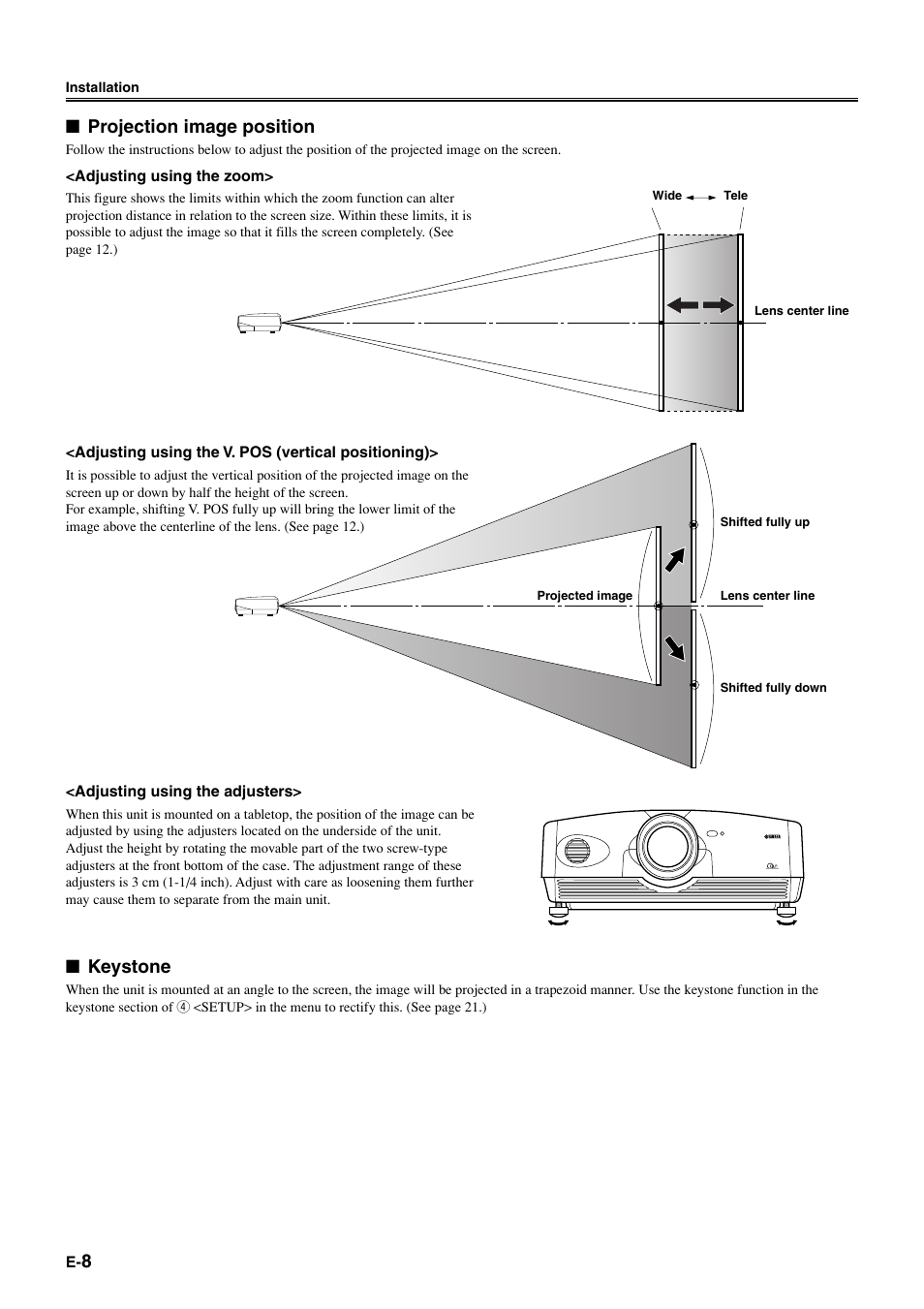 Projection image position, Keystone | Yamaha DPX1000 User Manual | Page 13 / 45