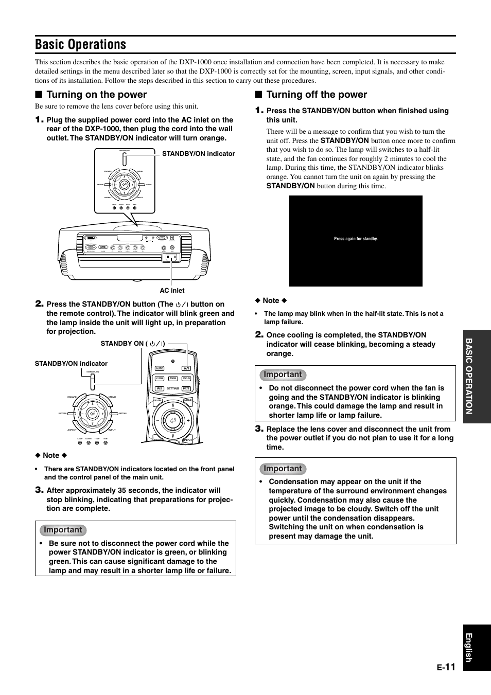 Basic operations, Turning on the power, Turning off the power | Basic opera tion english, Important | Yamaha DPX1000 User Manual | Page 16 / 45