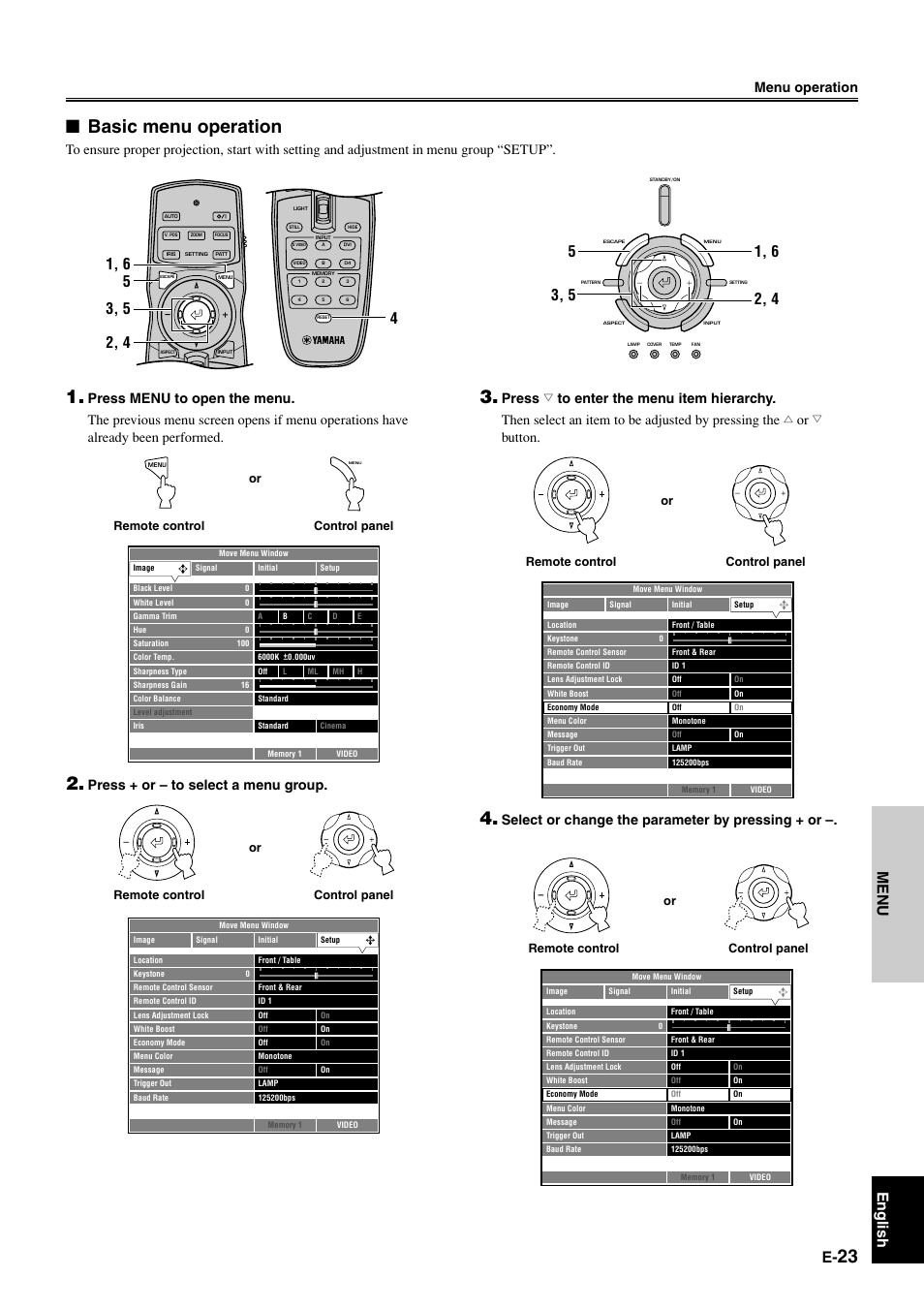 Basic menu operation, Menu english, Menu operation | Press + or – to select a menu group, Select or change the parameter by pressing + or, Remote control or control panel | Yamaha DPX1000 User Manual | Page 28 / 45