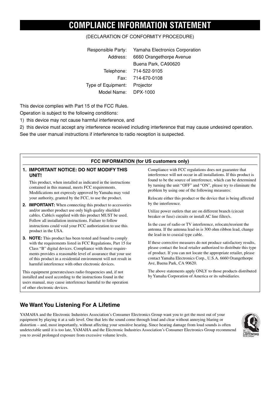 Compliance information statement | Yamaha DPX1000 User Manual | Page 3 / 45