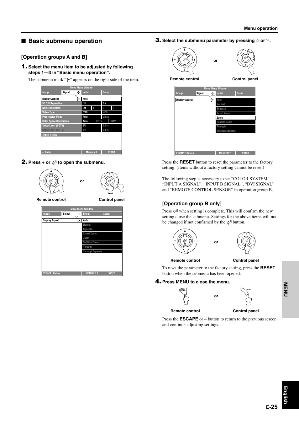 Basic submenu operation, Menu english, Operation group b only | Operation groups a and b, Menu operation, Press + or to open the submenu | Yamaha DPX1000 User Manual | Page 30 / 45