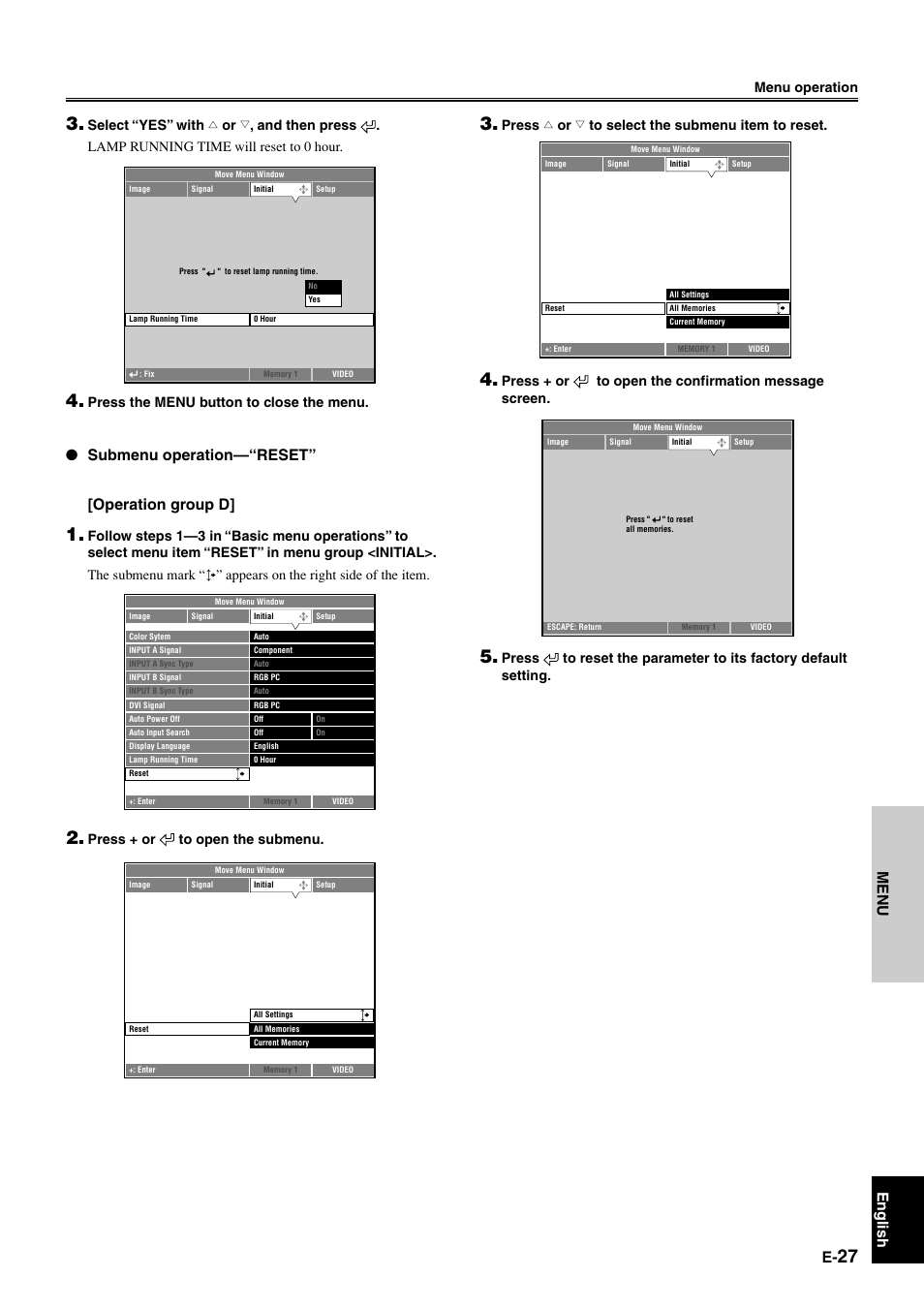 Menu english, Submenu operation—“reset” [operation group d, Press h or g to select the submenu item to reset | Press + or to open the confirmation message screen, Menu operation, Press the menu button to close the menu, Press + or to open the submenu | Yamaha DPX1000 User Manual | Page 32 / 45