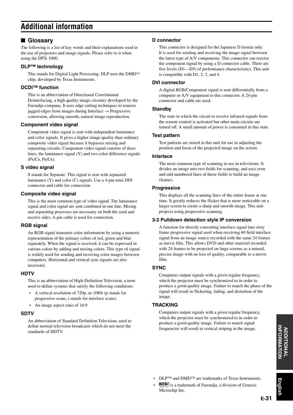 Additional information, Glossary | Yamaha DPX1000 User Manual | Page 36 / 45