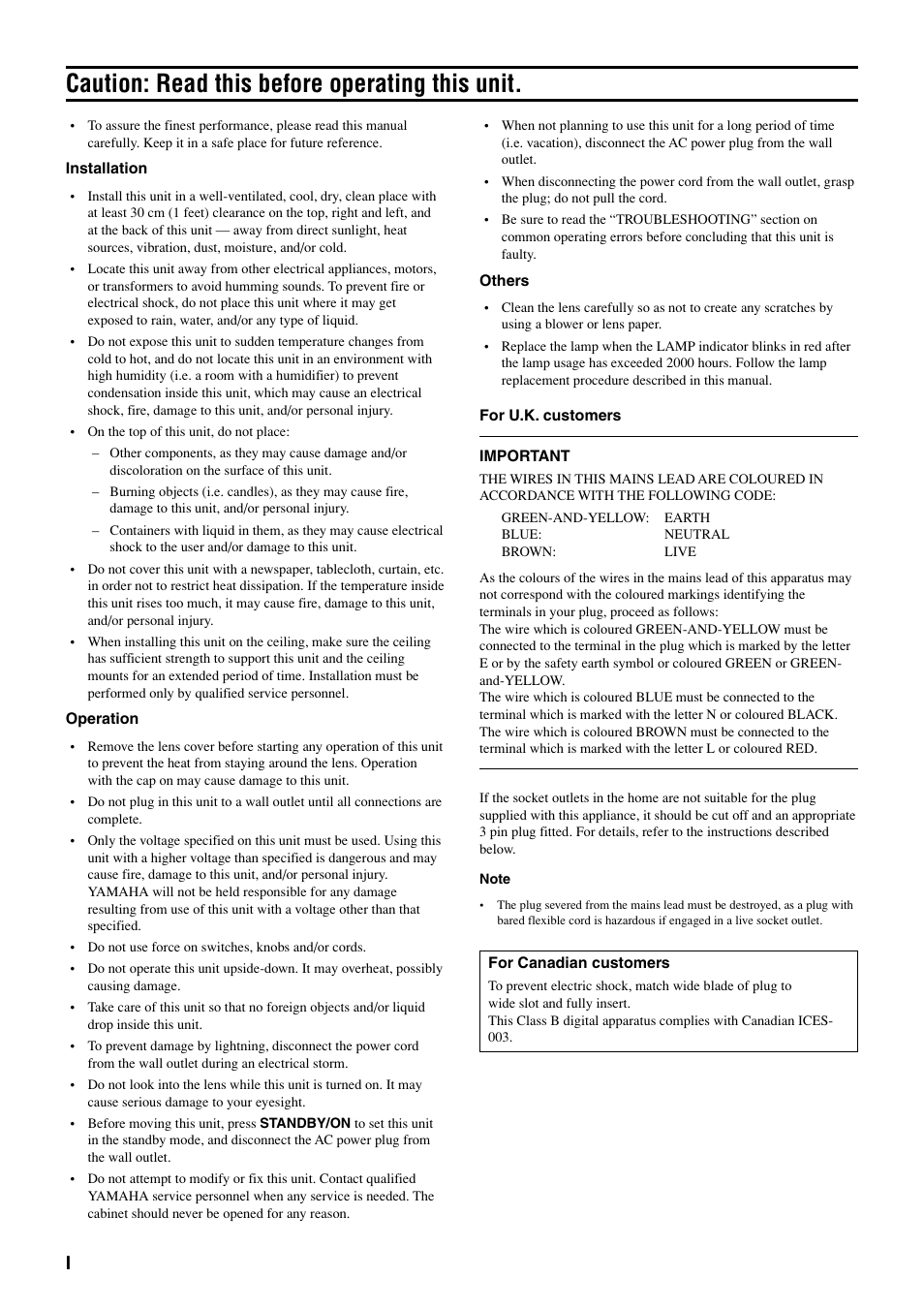 Caution: read this before operating this unit | Yamaha DPX1000 User Manual | Page 4 / 45