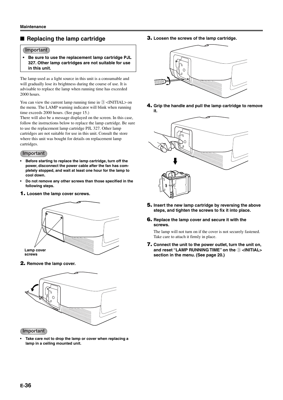 Replacing the lamp cartridge | Yamaha DPX1000 User Manual | Page 41 / 45