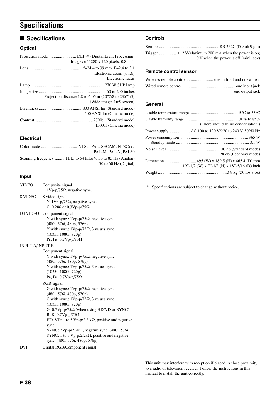 Specifications | Yamaha DPX1000 User Manual | Page 43 / 45