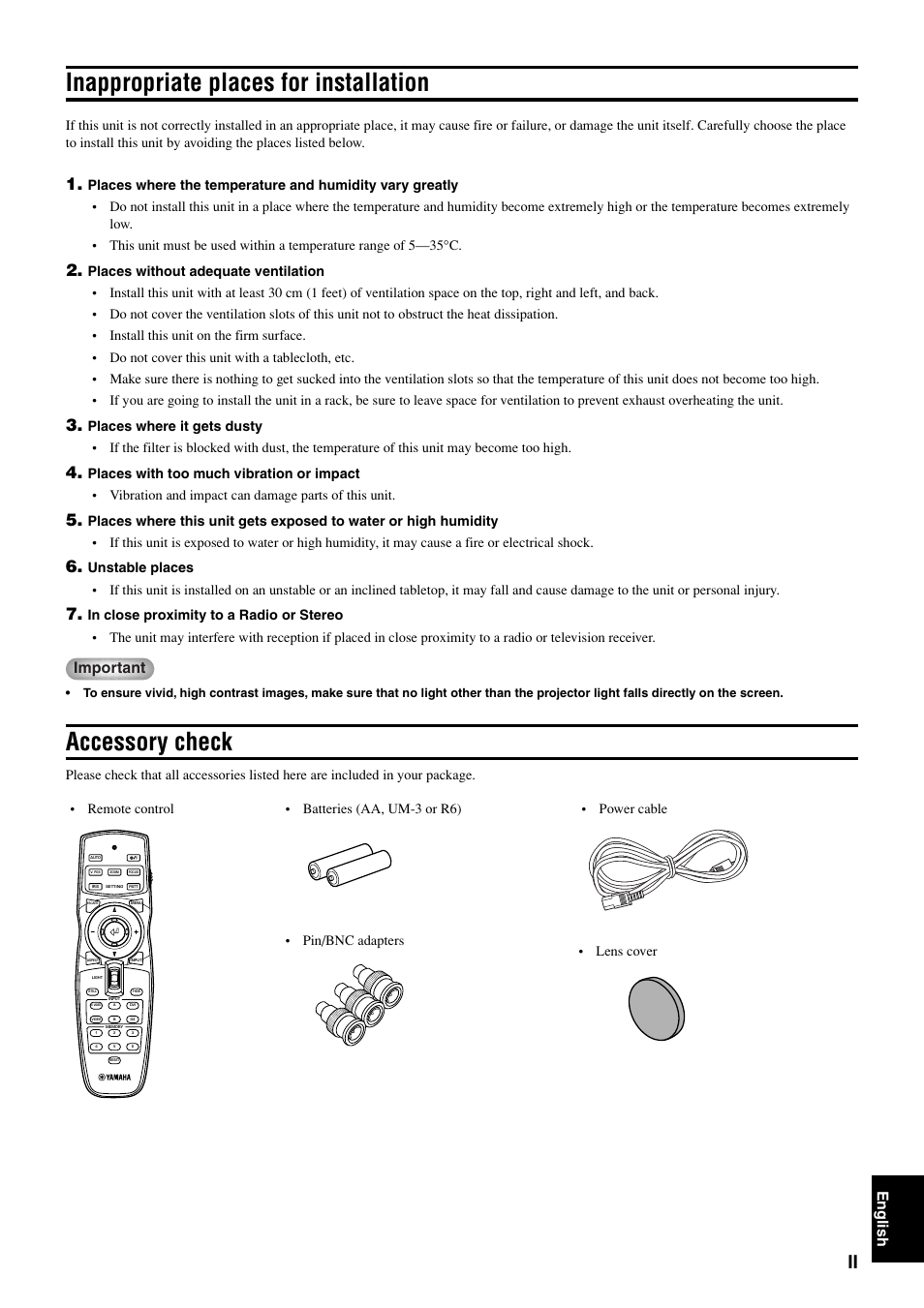 Accessory check, Inappropriate places for installation, English | Important | Yamaha DPX1000 User Manual | Page 5 / 45