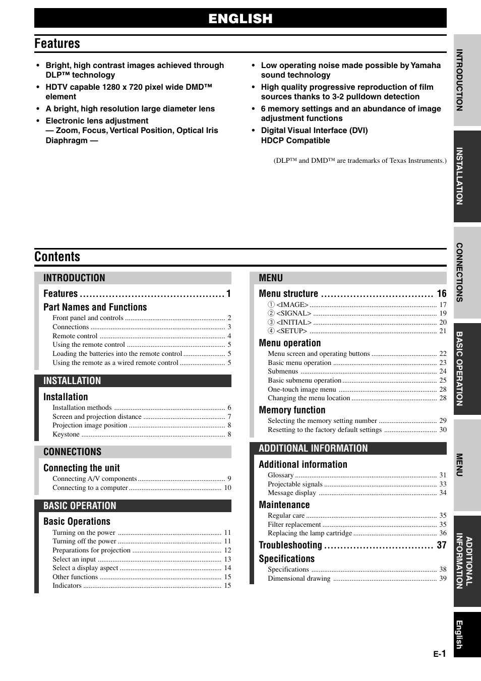 English features contents | Yamaha DPX1000 User Manual | Page 6 / 45