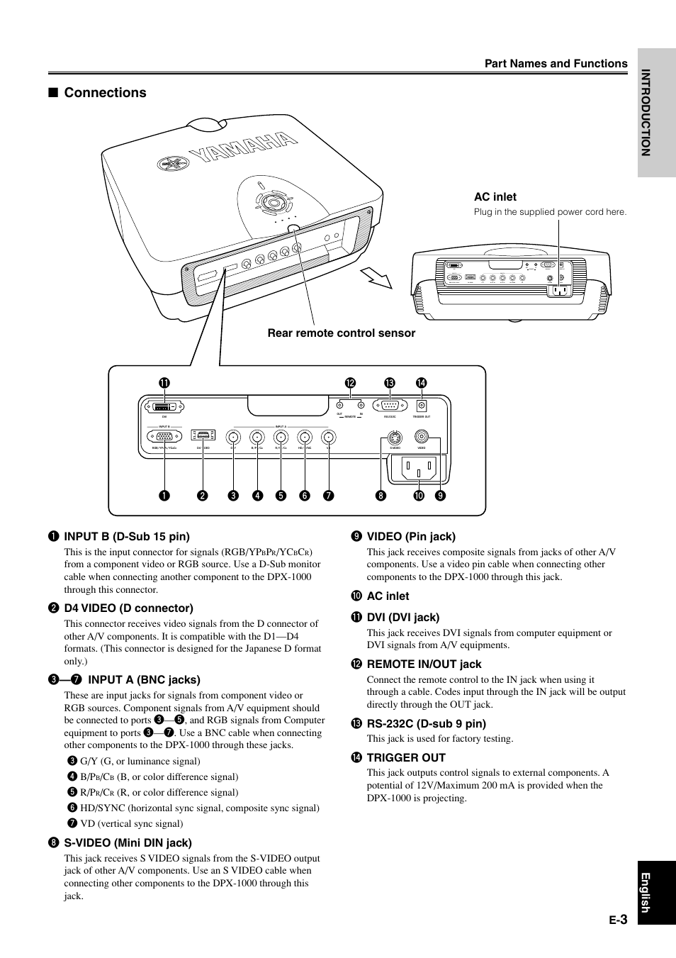 Connections, Intr oduction english, 1 input b (d-sub 15 pin) | 2 d4 video (d connector), 3—7 input a (bnc jacks), 8 s-video (mini din jack), 0 ac inlet q dvi (dvi jack), W remote in/out jack, E rs-232c (d-sub 9 pin), R trigger out | Yamaha DPX1000 User Manual | Page 8 / 45