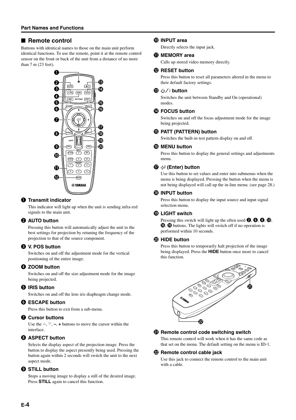 Remote control, Part names and functions, 1 transmit indicator | 2 auto button, 3 v. pos button, 4 zoom button, 5 iris button, 6 escape button, 7 cursor buttons, 8 aspect button | Yamaha DPX1000 User Manual | Page 9 / 45