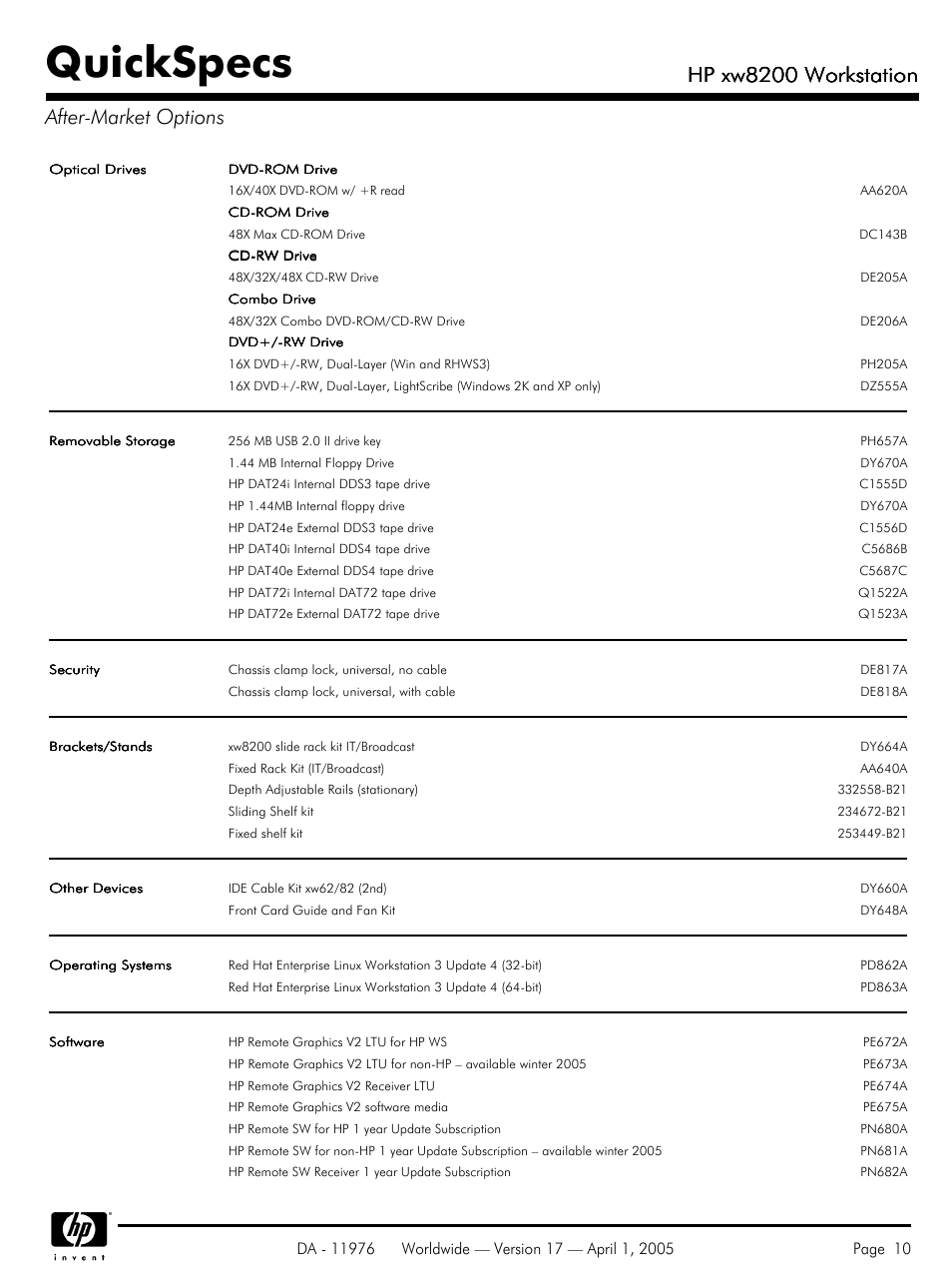 Quickspecs, Hp xw8200 workstation, Hp xw8200 workstation after-market options | Yamaha Laptop PC User Manual | Page 10 / 65