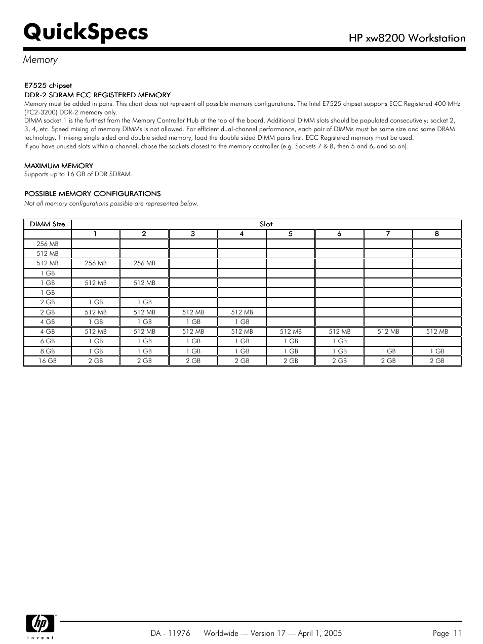 Memory, Quickspecs, Hp xw8200 workstation | Yamaha Laptop PC User Manual | Page 11 / 65