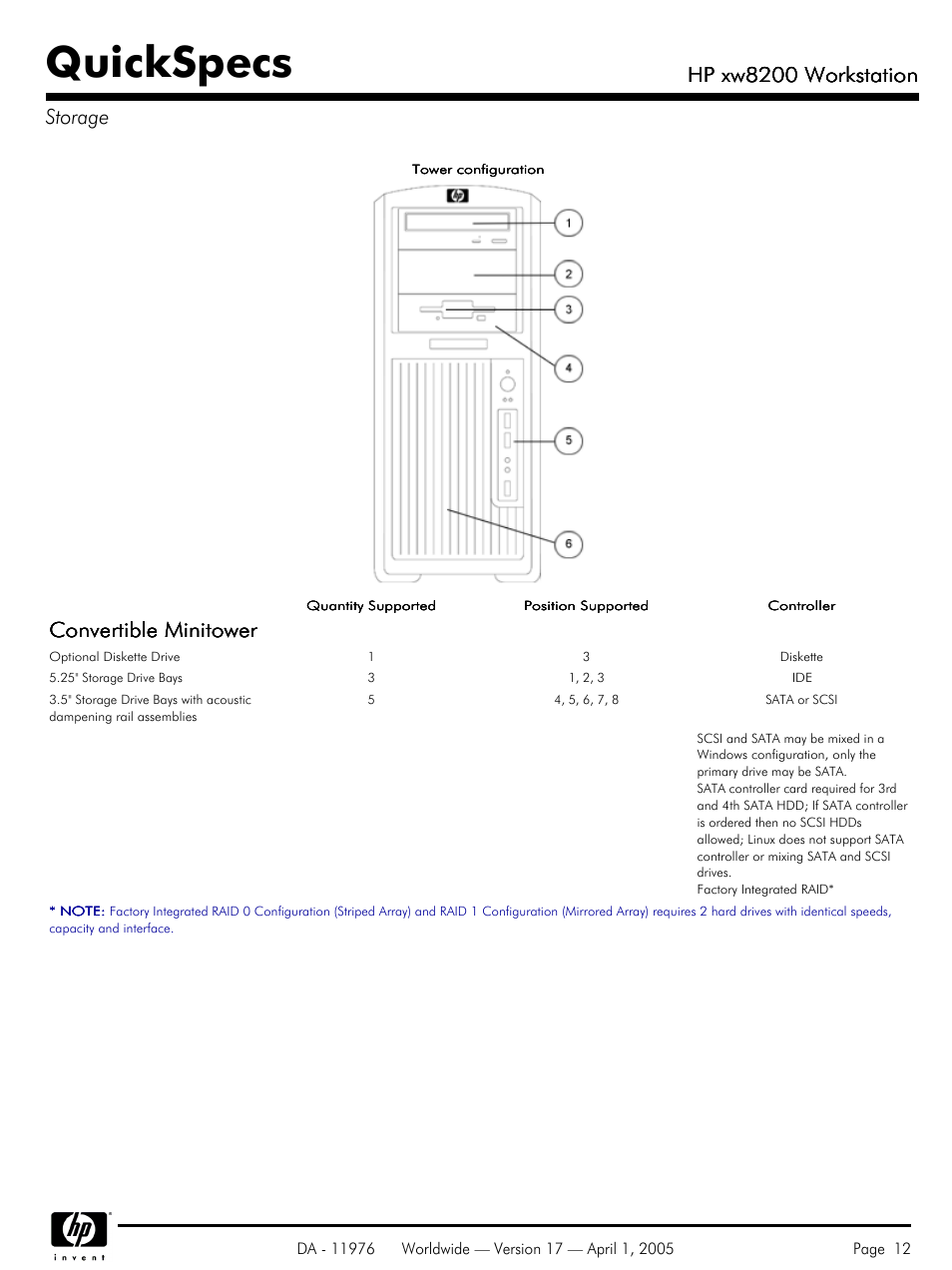 Storage, Quickspecs, Convertible minitower | Hp xw8200 workstation, Hp xw8200 workstation storage | Yamaha Laptop PC User Manual | Page 12 / 65