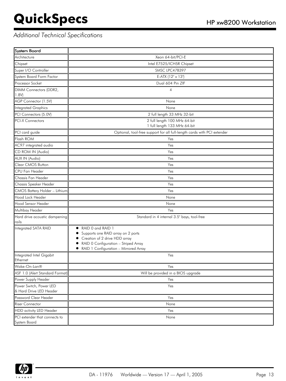 Additional technical specifications, Quickspecs, Hp xw8200 workstation | Yamaha Laptop PC User Manual | Page 13 / 65