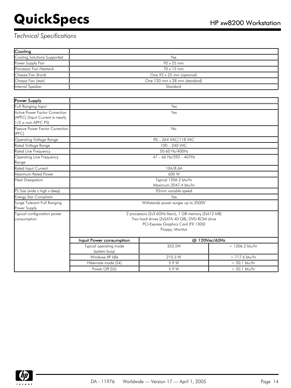 Technical specifications, Quickspecs, Hp xw8200 workstation | Hp xw8200 workstation technical specifications | Yamaha Laptop PC User Manual | Page 14 / 65