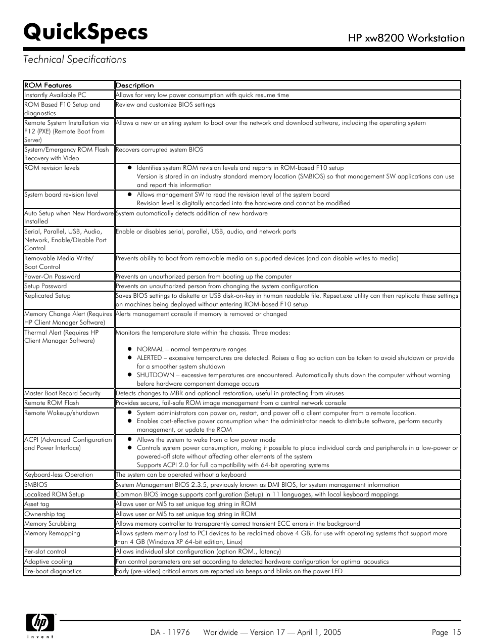 Quickspecs, Hp xw8200 workstation, Hp xw8200 workstation technical specifications | Yamaha Laptop PC User Manual | Page 15 / 65