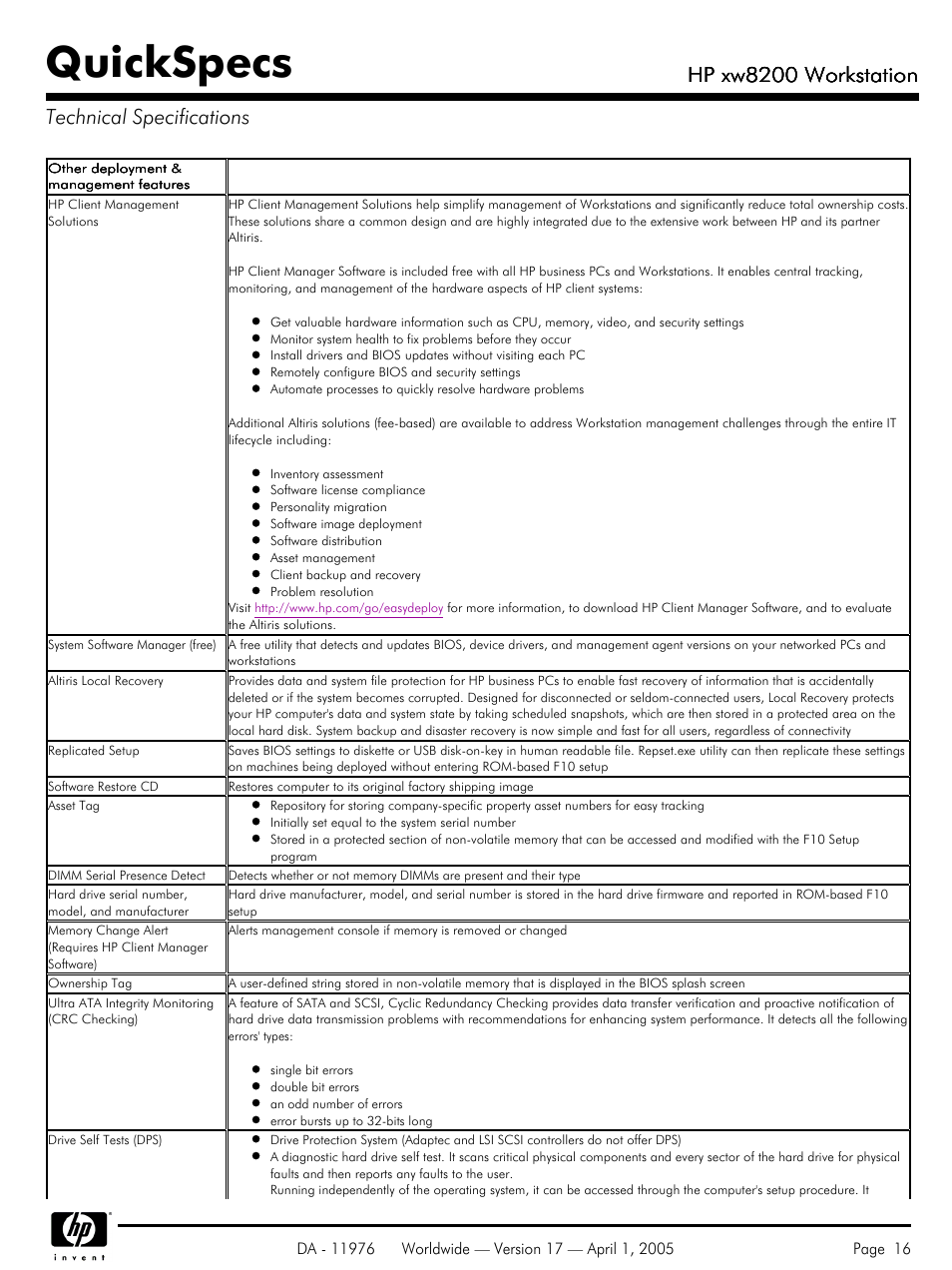 Quickspecs, Hp xw8200 workstation, Hp xw8200 workstation technical specifications | Yamaha Laptop PC User Manual | Page 16 / 65