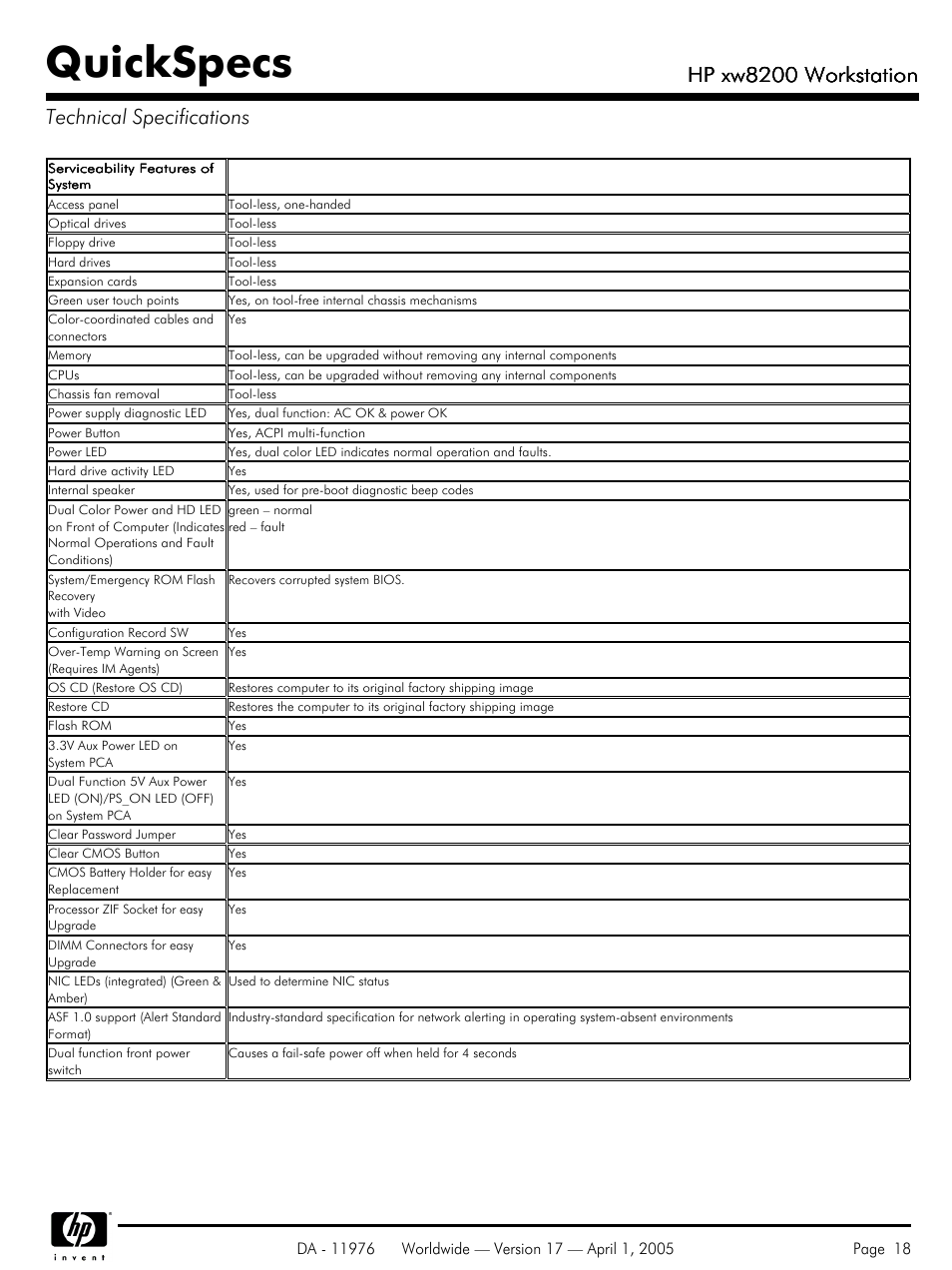 Quickspecs, Hp xw8200 workstation, Hp xw8200 workstation technical specifications | Yamaha Laptop PC User Manual | Page 18 / 65