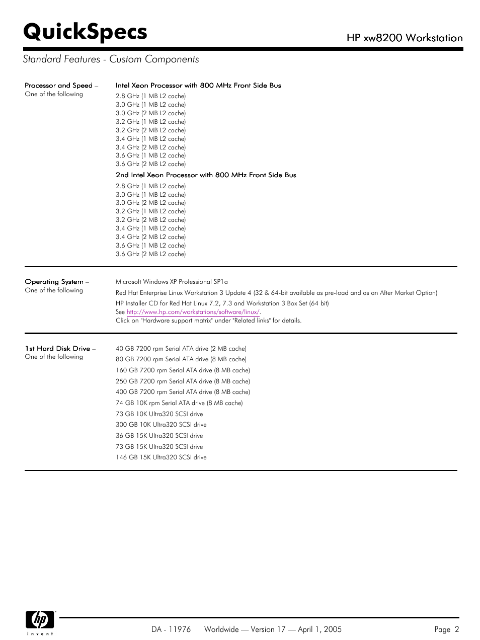 Standard features - custom components, Quickspecs, Hp xw8200 workstation | Yamaha Laptop PC User Manual | Page 2 / 65