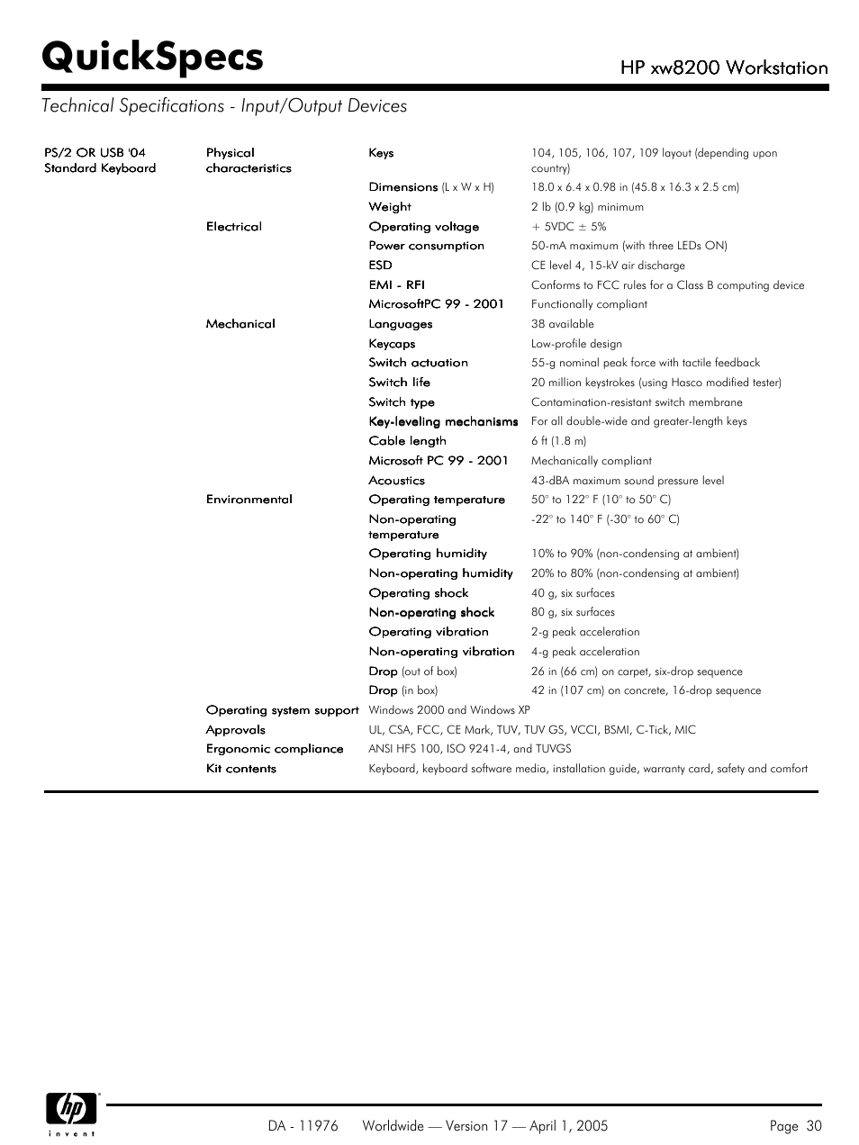 Technical specifications - input/output devices, Quickspecs, Hp xw8200 workstation | Yamaha Laptop PC User Manual | Page 30 / 65