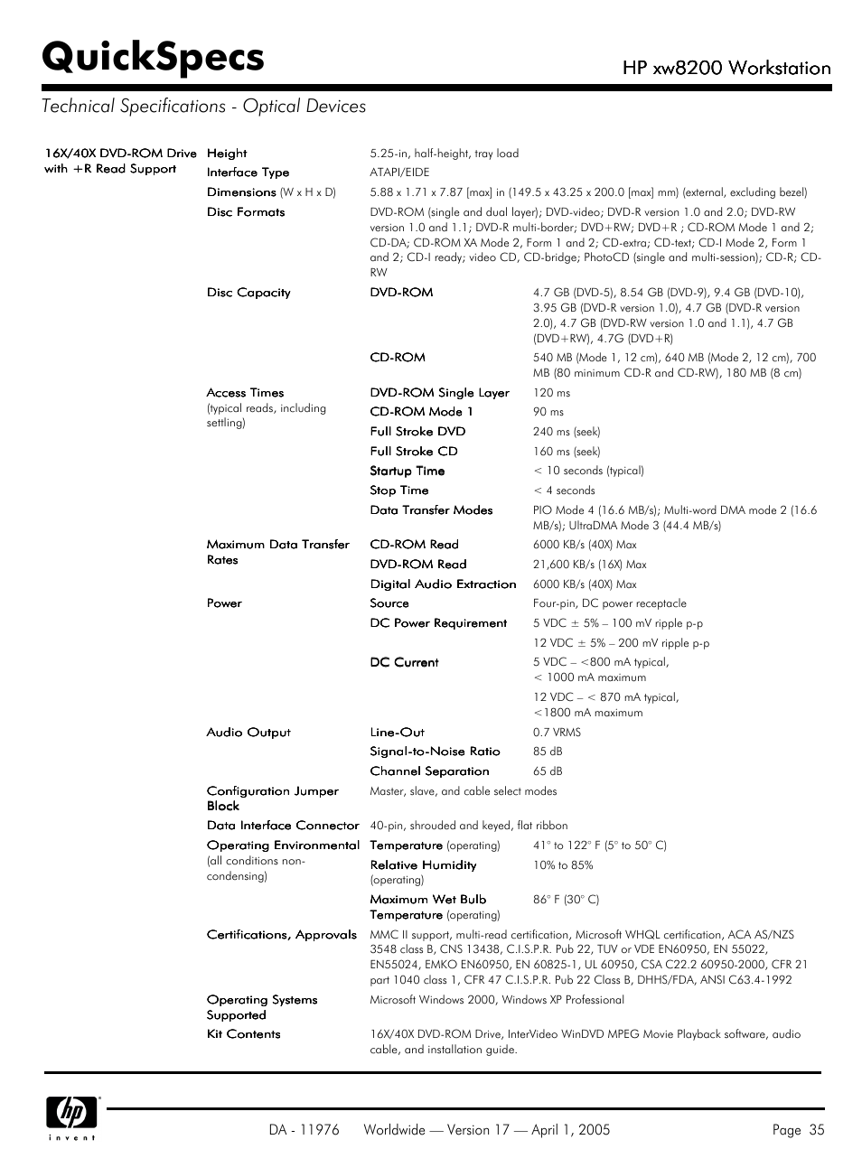 Quickspecs, Hp xw8200 workstation | Yamaha Laptop PC User Manual | Page 35 / 65