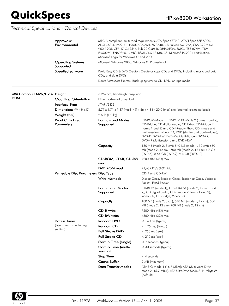 Quickspecs, Hp xw8200 workstation | Yamaha Laptop PC User Manual | Page 37 / 65