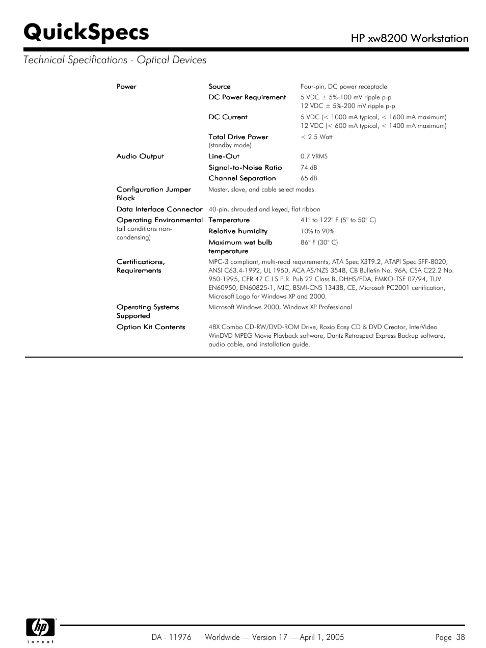 Quickspecs, Hp xw8200 workstation | Yamaha Laptop PC User Manual | Page 38 / 65